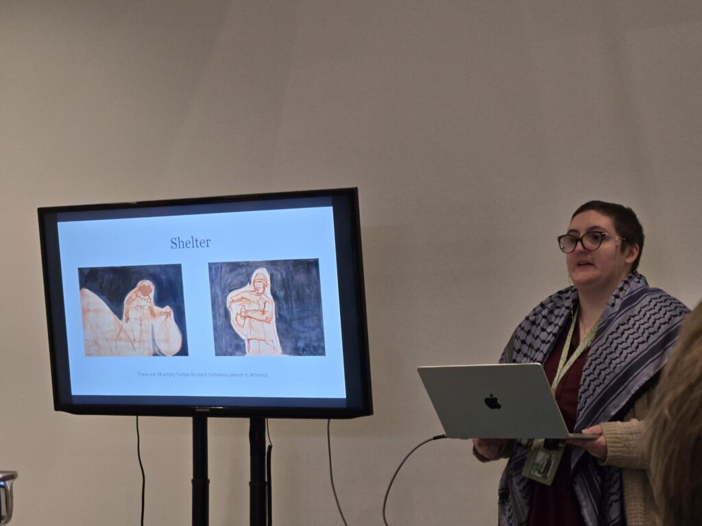 Artist Sarah Selan speaks at her recent Cleveland Institute of Art (CIA) exhibition, "What is Violence?"