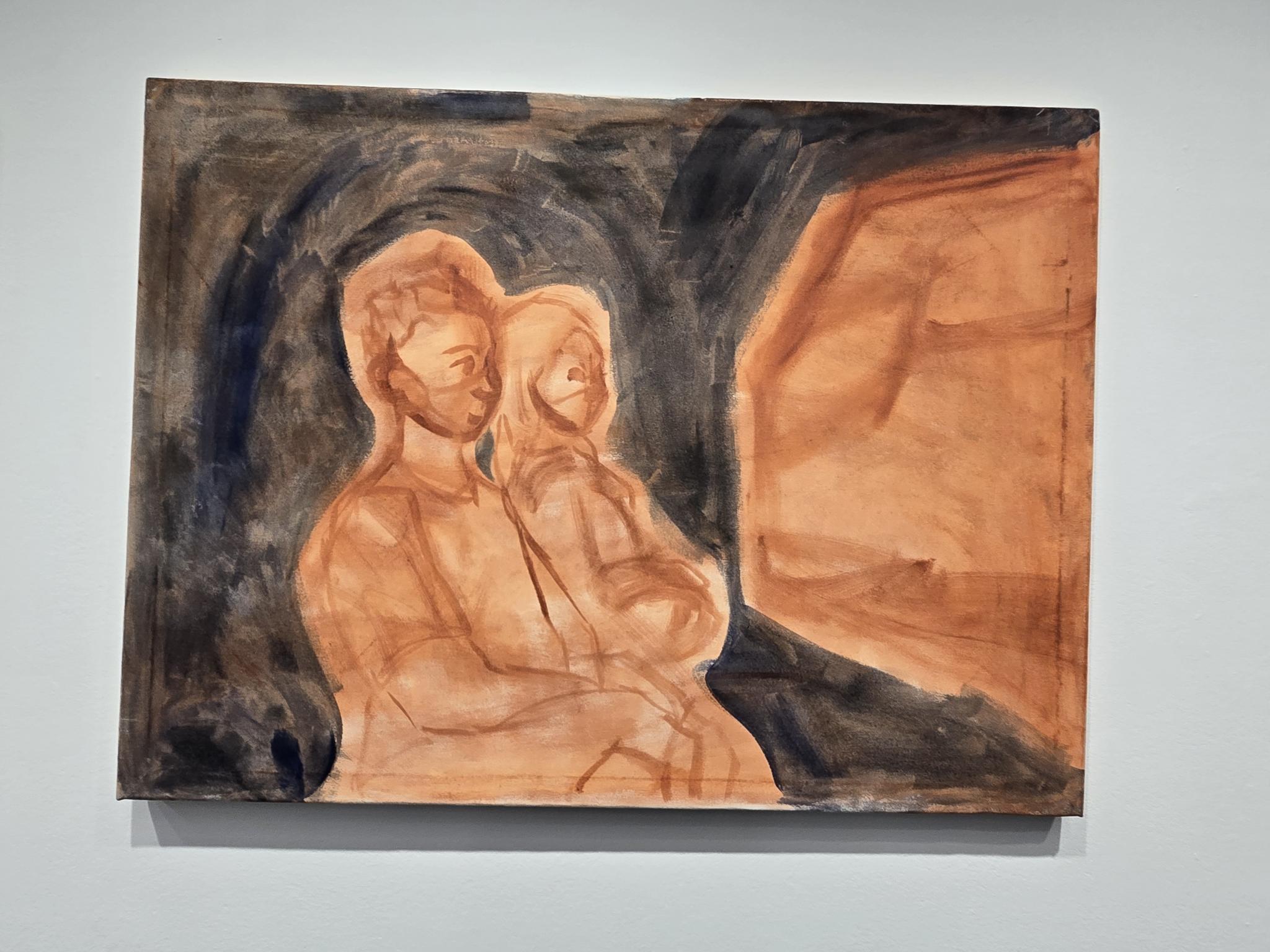 A painting from Sarah Selan's recent Cleveland Institute of Art exhibition "What is Violence?" It is orange on black, and depicts two figures huddled together on the left being approached by a large mass resembling a stone or a fist from the right.