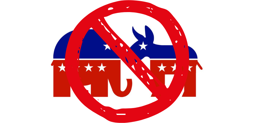 A Republican elephant and Democratic donkey with the "no" circle painted on them