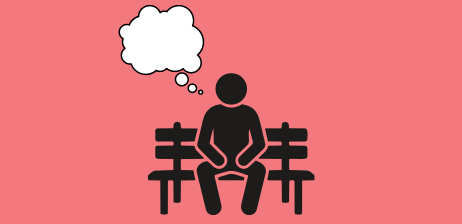 A man sitting on a bench with a thought balloon coming out of his head.